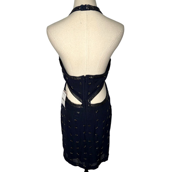 NWT! Free People 8 BEADED Halter Boho V-Neck Navy Blue Morning Dew Cut Out Dress - Picture 4 of 11